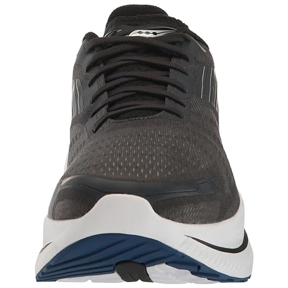 Front view of the Saucony Endorphin Shift 3 Running Shoe - Mens, featuring a breathable mesh upper, PWRRUN foam midsole, black laces, white midsole, blue and black outsole, and subtle logo detail near the tongue.