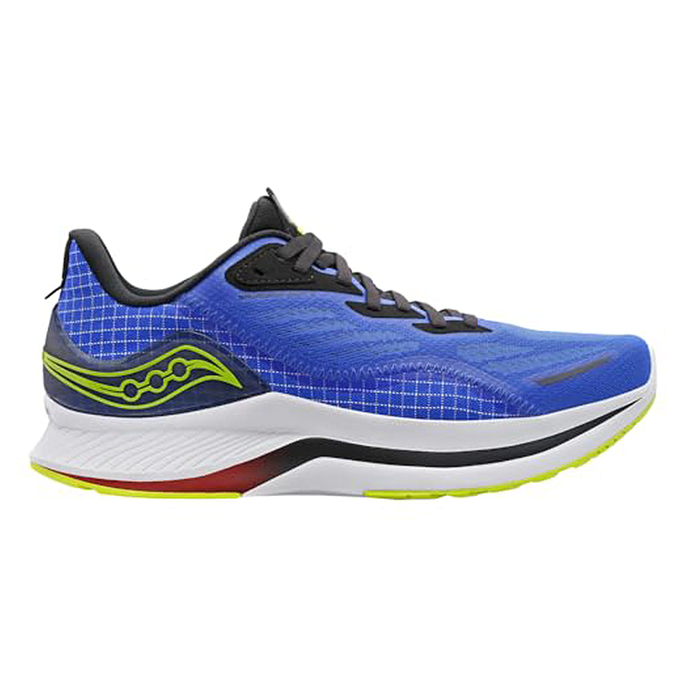 The Saucony Endorphin Speed 2 Running Shoe - Mens features a blue upper, black laces, white midsole, yellow-green outsole, and yellow side branding. It offers grid-like patterns, a sleek design, and SPEEDROLL technology for a smooth ride.