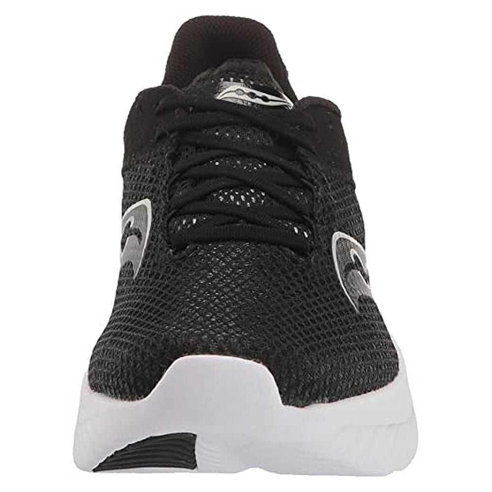 Front view of the Saucony Endorphin Shift 3 Running Shoe - Mens, featuring a black mesh upper, black laces, white sole with PWRRUN foam cushioning, and gray logo accents on the sides.