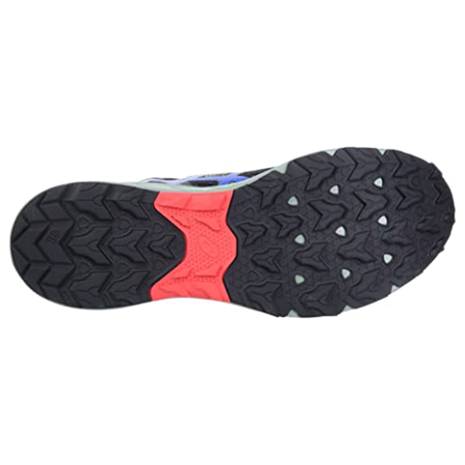 The image shows the outsole of the ASICS Gel Venture 9 - Mens shoe, featuring a rugged black tread, red midsection, and light gray and blue accents for optimal traction on diverse trail surfaces.