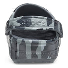 Front view of the Crocs Classic Camo Clog - Unisex, showing its black, grey, and white camo pattern and branded heel strap—ideal as comfy slip-on water shoes.