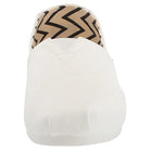Front view of a white TOMS Alpargata - Womens slip-on, featuring a tan and black zigzag patterned inner lining from the earthwise collection.