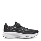 The Saucony Ride 15 - Men is a black and gray lightweight running shoe with a white sole, mesh upper, lace-up closure, wave-like logo, cushioned support at the heel, and a comfort-focused design for every run.