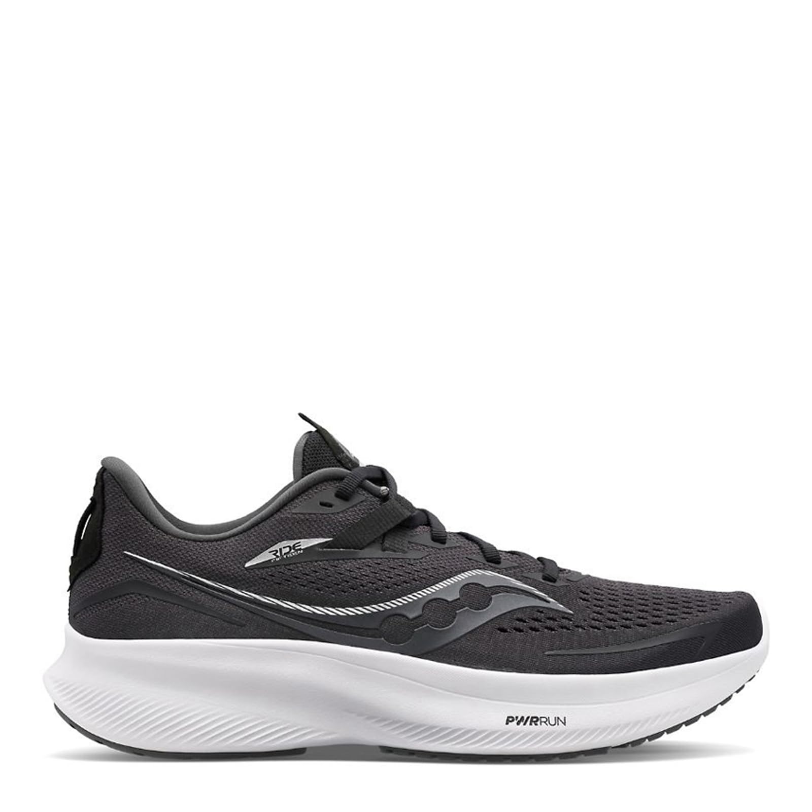 The Saucony Ride 15 - Men is a black and gray lightweight running shoe with a white sole, mesh upper, lace-up closure, wave-like logo, cushioned support at the heel, and a comfort-focused design for every run.