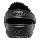 Rear view of Crocs Classic Clog - Kids in black, showcasing the branded heel strap and textured rubber sole—ideal for childrens footwear.