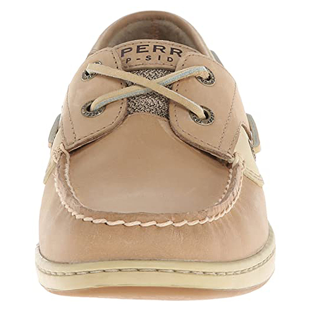 Front view of the Sperry Bluefish - Women boat shoe in tan leather with white stitching, signature laces, and a rubber sole. The tongue features the iconic “SPERRY” brand logo.