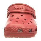 Front view of a red Crocs Classic Clog for kids, featuring ventilation holes on top and Crocs embossed on the adjustable heel strap.