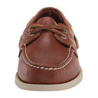 Front view of the Sperry A/O 2-EYE LEATHER mens boat shoe, featuring white stitching, tan laces, metal eyelets, and a light-colored rubber sole.