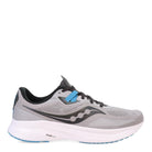 The Saucony Ride 15 - Men is a gray lightweight running shoe with black and blue accents, a white sole, breathable mesh upper with perforations, and features the Saucony logo on the side.