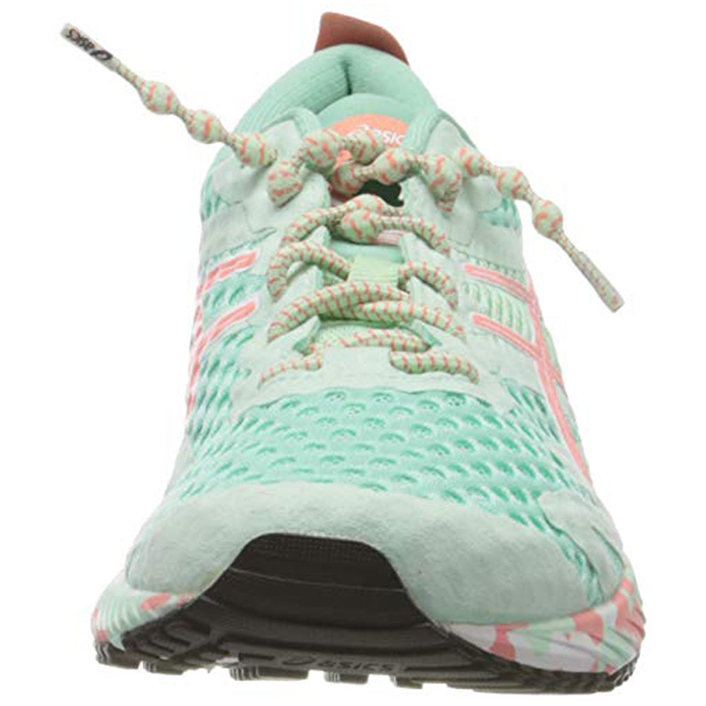 A mint green ASICS GEL-NOOSA TRI 12 Womens running shoe with pink and white accents, shown from the front. Features perforated mesh, patterned laces, FLYTEFOAM midsole, and a textured black outsole.