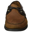 Front view of the Sperry A/O 2-EYE LEATHER mens brown boat shoe featuring dark brown laces through metal eyelets and visible toe stitching, set against a plain white background.