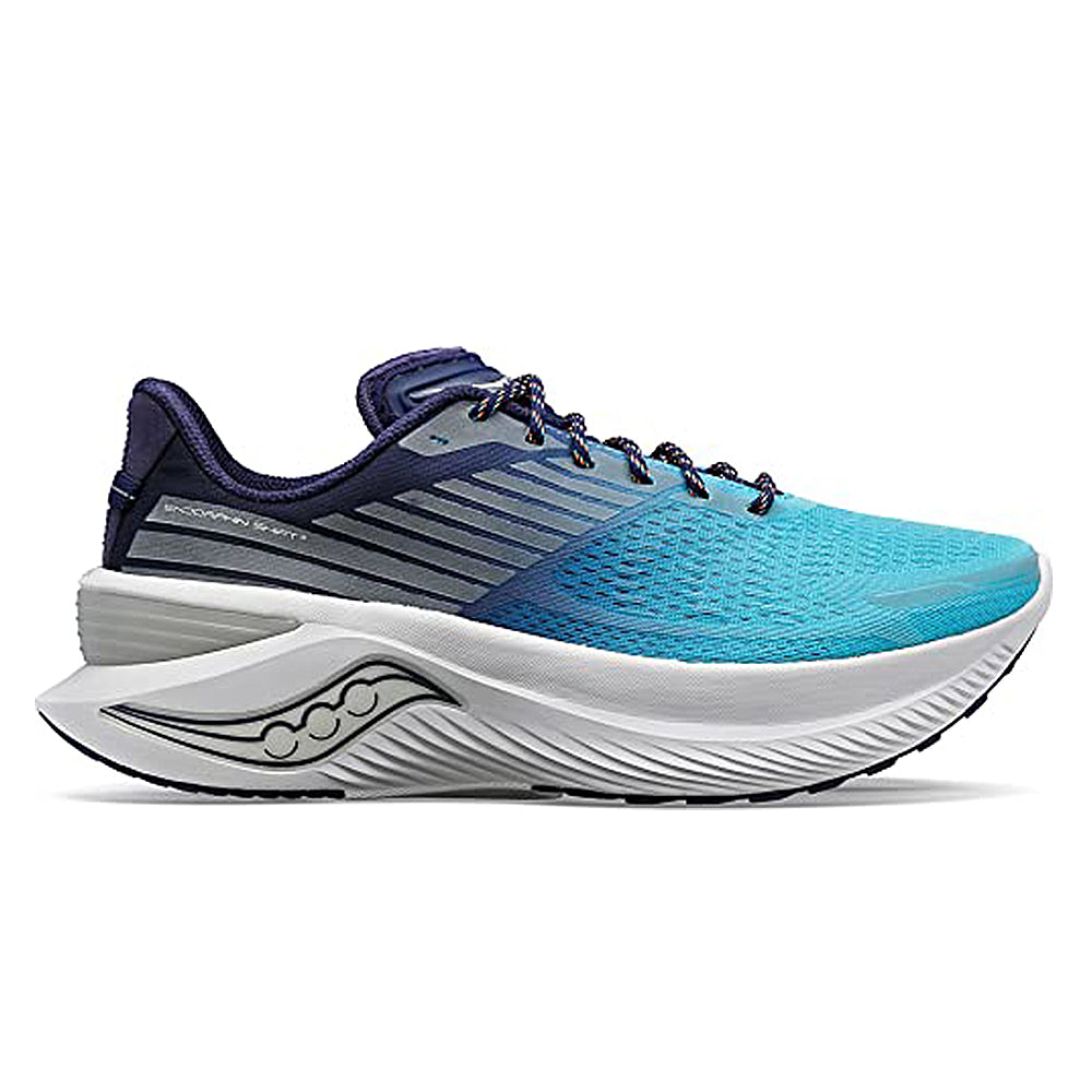 The Saucony Guide 16 Running Shoe - Mens features a gradient blue mesh upper, black detailing, and a thick white curved sole, offering cushioned support. Shown in side view with a transition from dark to light blue.