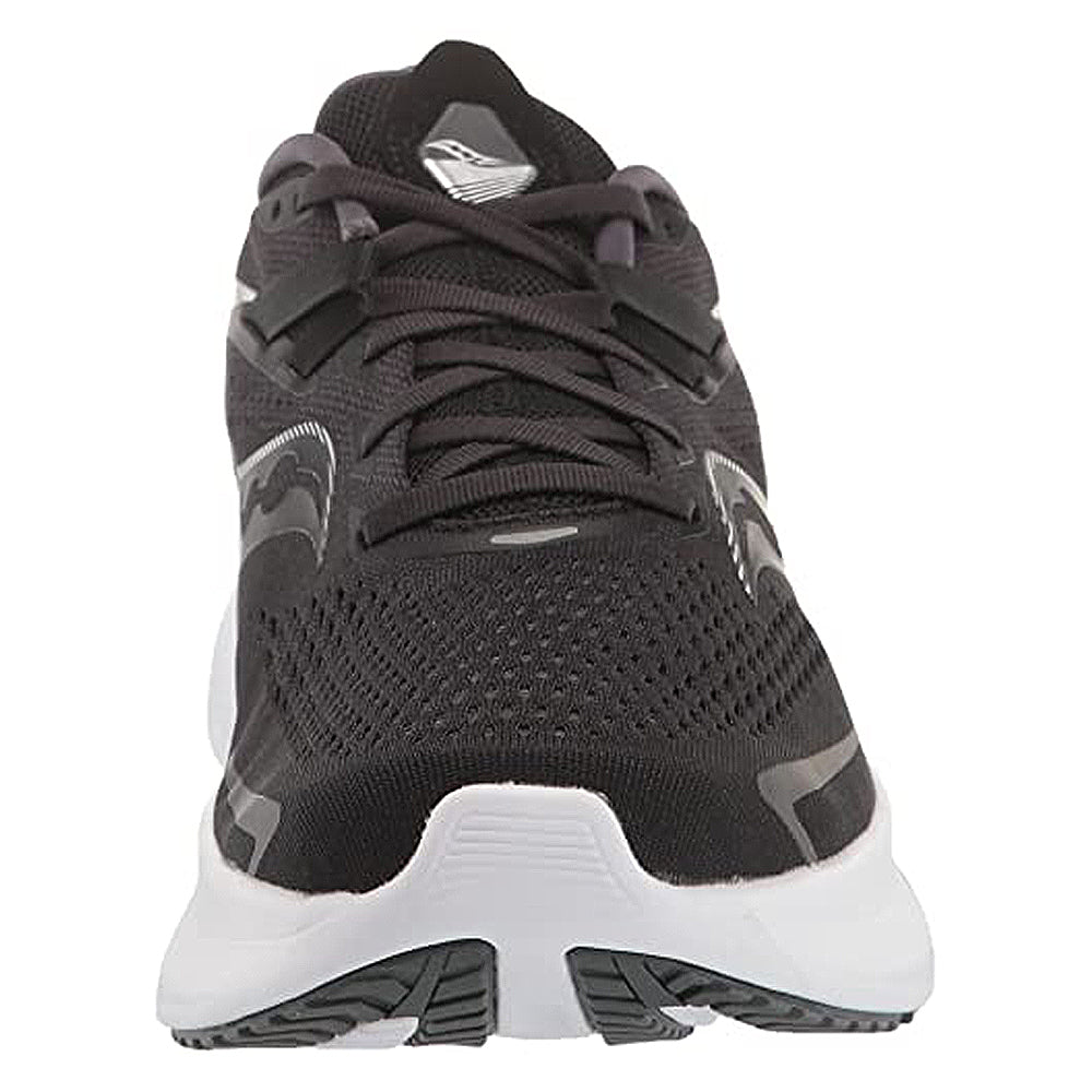 A front view of the Saucony Ride 15 - Men, a black lightweight running shoe with a white sole and gray accents, featuring a breathable mesh upper and lace-up design.