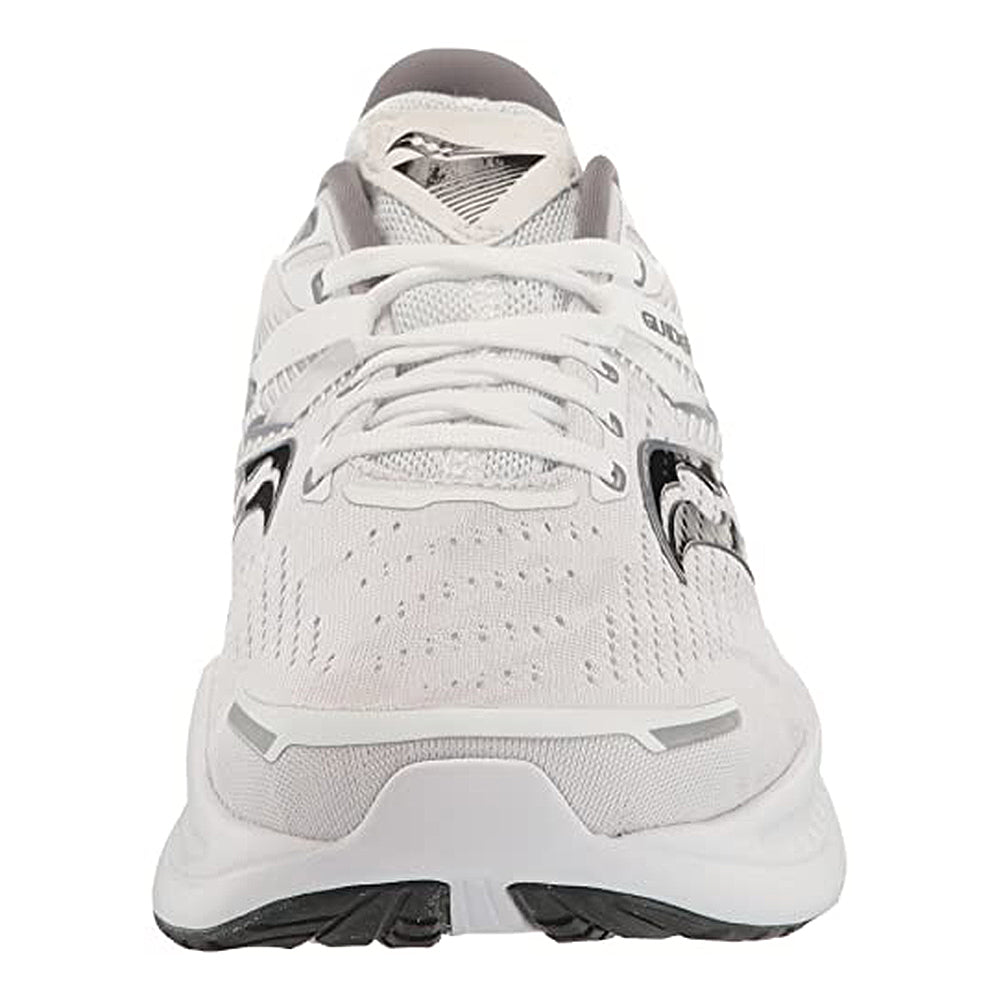 Front view of the Saucony Guide 16 Running Shoe for men, featuring a white mesh upper with light gray accents and white laces—designed for cushioned comfort during running and sports activities.