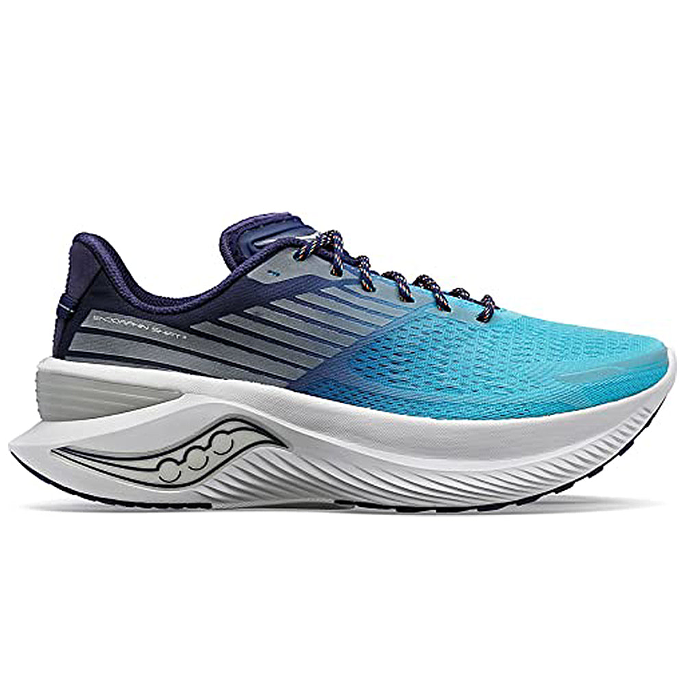 The Saucony Endorphin Shift 3 Running Shoe - Mens features a blue and navy mesh upper, white sole, black accents, and cushioned PWRRUN foam heel for comfort and performance.