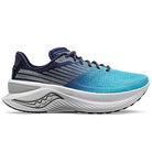 The Saucony Endorphin Shift 3 Running Shoe - Mens features a blue and navy mesh upper, white sole, black accents, and cushioned PWRRUN foam heel for comfort and performance.