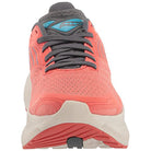 Front view of the Saucony Guide 16 Running Shoe - Womens in coral pink, featuring gray laces, cushioned support, a white sole, blue logo on the tongue, and visible mesh upper.