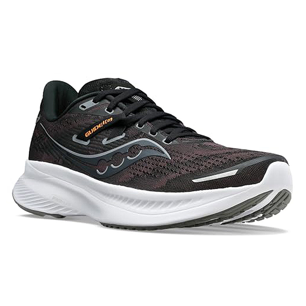 The Saucony Guide 16 Running Shoe for men is black with gray and white accents, orange branding, a breathable mesh upper, and a thick white cushioned sole, shown from a front side angle.
