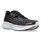 The Saucony Guide 16 Running Shoe for men is black with gray and white accents, orange branding, a breathable mesh upper, and a thick white cushioned sole, shown from a front side angle.