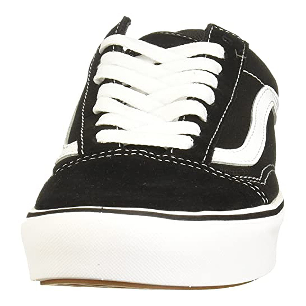 The Vans ComfyCush Old Skool - Unisex is a black and white sneaker with white laces, a thick white sole, white stitching, and the signature Vans side stripe, shown from the front.
