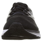 Front view of the ASICS Nimbus 23 - Mens running shoe in black, featuring a mesh upper, white logo accents, a white midsole, black textured outsole, and advanced shock absorption for comfort.