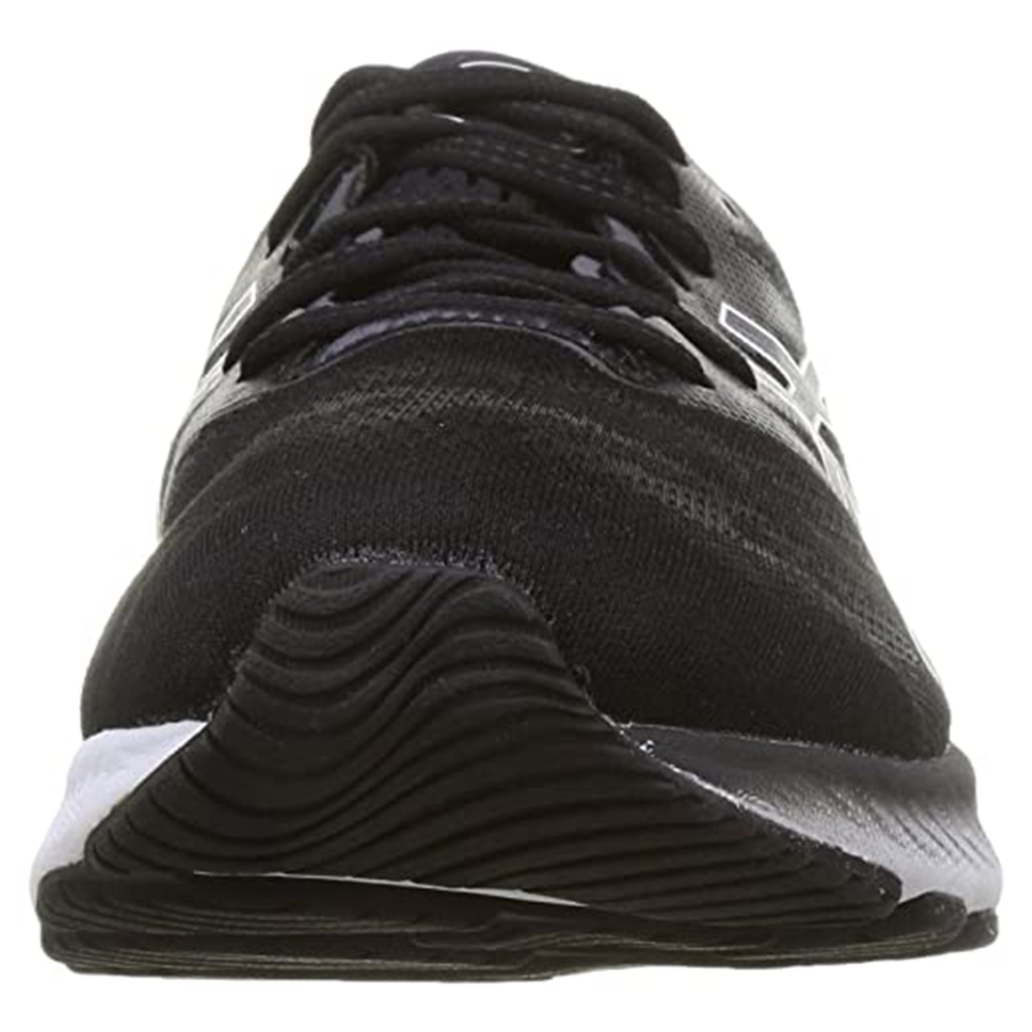 Front view of the ASICS Nimbus 23 - Mens running shoe in black, featuring a mesh upper, white logo accents, a white midsole, black textured outsole, and advanced shock absorption for comfort.