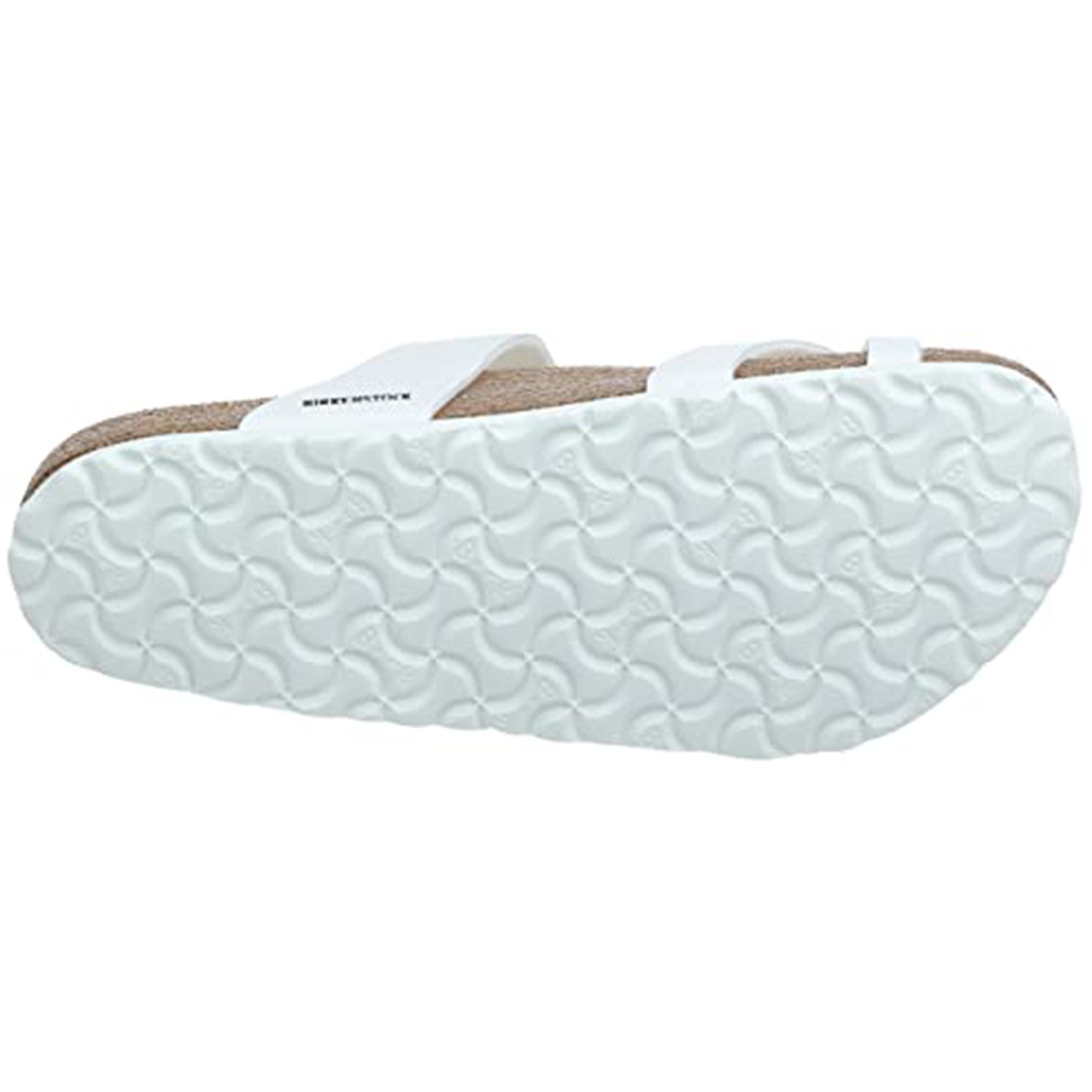 The Birkenstock Mayari Oiled Leather - Women sandal is pictured sole-up, showing its wavy tread. Its white oiled leather straps and cork contoured footbed are partially visible.