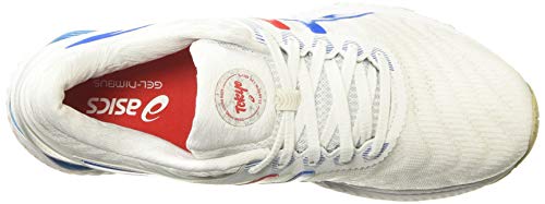 Top view of the ASICS GEL-NIMBUS 22 mens running shoe in white with blue and red accents, white laces, a red Asics/Tokyo insole, and advanced GEL technology for superior cushioning.