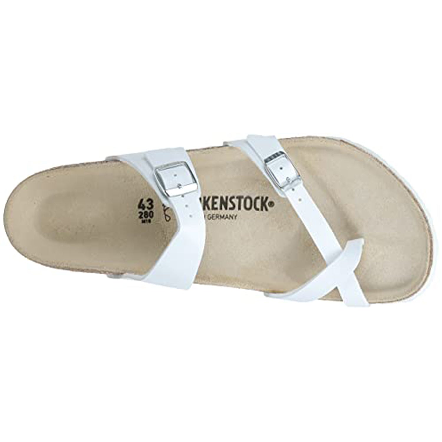 The Birkenstock Mayari Oiled Leather sandal for women features a white oiled leather upper, two adjustable silver buckles, and a beige contoured footbed, shown from an overhead view.