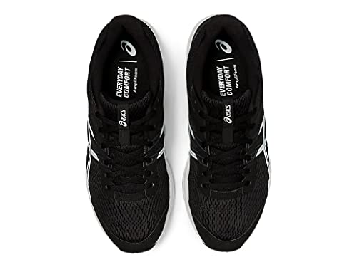 A top-down view of ASICS Gel-Contend 6 - Mens running shoes in black with white accents, showing EVERYDAY COMFORT printed in white on the cushioned insoles.
