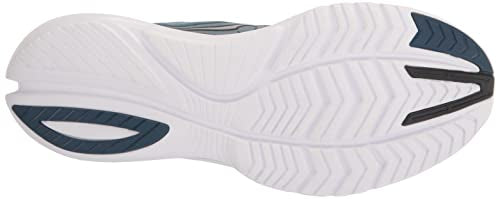 The image shows the outsole of the Saucony Kinvara 13 Mens Running Shoe, featuring a lightweight white sole with a textured grip and dark blue and black rubber inserts for traction.