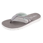 The Hey Dude Flinn Sandals - Mens feature a gray mesh thong strap with white stitching, a gray footbed, and a textured white sole—perfect for those seeking comfortable, lightweight footwear.