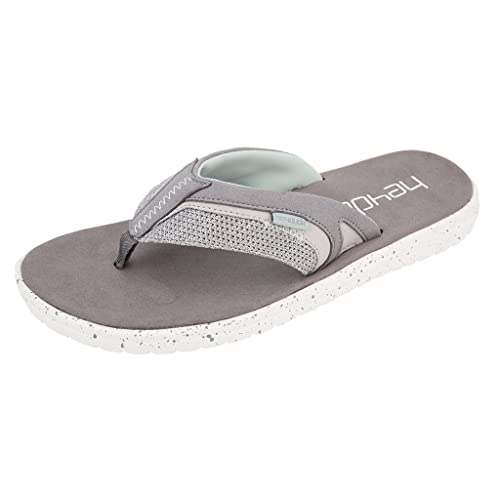 The Hey Dude Flinn Sandals - Mens feature a gray mesh thong strap with white stitching, a gray footbed, and a textured white sole—perfect for those seeking comfortable, lightweight footwear.
