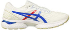 The ASICS GEL-NIMBUS 22 - Mens is a white running shoe featuring a textured sole, blue and red side stripes, light tan outsole accents, and advanced GEL technology inspired by the original GEL-Nimbus 22.