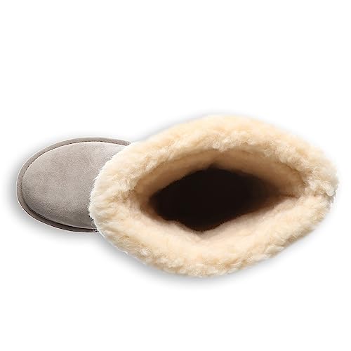 A top view of a single gray BEARPAW Kendall Boot for women, with a wide opening and plush cream shearling lining. The white background highlights its cozy style—ideal for chilly Lake Tahoe days.
