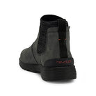 The Hey Dude Scott Grip Boots for men are gray weather-ready Chelsea boots with a black textured upper, back pull tab, and orange hey dude logo on the black ultra grip outsole, styled to highlight their back and side.