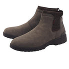 The Hey Dude Scott Grip Boots - Mens are brown Chelsea boots with textured elastic side panels, ultra-grip outsoles, and a back pull tab. Crafted from water-resistant leather with a smooth finish, they offer casual comfort in any weather.