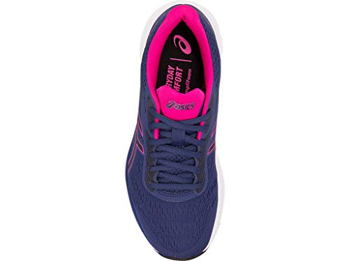 A top view of the ASICS Gel-Excite 6 - Womenss running shoe shows blue uppers with pink accents and laces, a black insole, pink inner lining, the ASICS logo, plush GEL technology comfort, and a contrasting white sole.