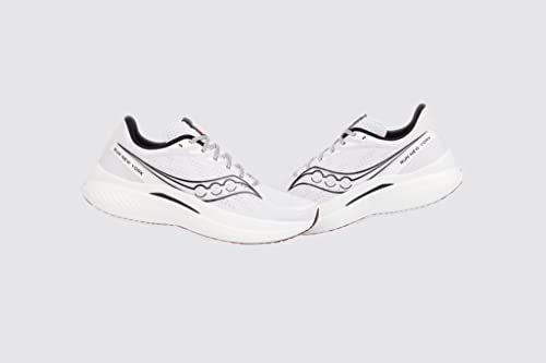 A pair of Saucony Endorphin Speed 3 Running Shoe - Womens, featuring white uppers with black accents and a gray logo, are displayed side by side on a plain light gray background—ideal for daily runs.