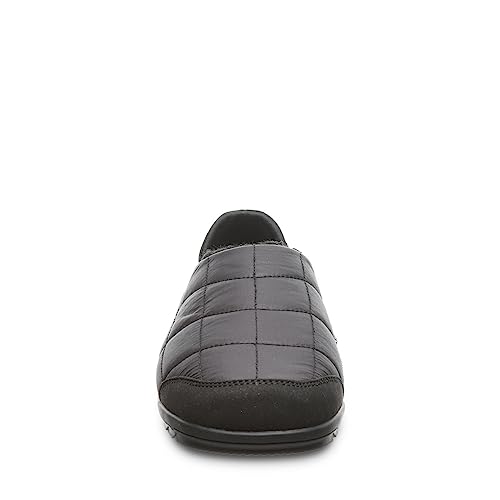 Front view of a BEARPAW Harry Slippers - Mens black quilted slip-on with a rounded toe and low heel, shown on a white background—ideal for anyone seeking cozy mens slippers.