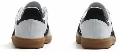 The adidas Samba Decon Shoes for men feature a leather upper in white with black accents and brown rubber soles, displayed from the back against a white background.