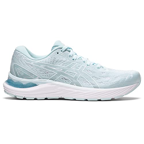 A light blue ASICS Cumulus 23 running shoe for women with a white sole, textured mesh upper, lace-up closure, subtle side branding, and lightweight cushioning for comfort.
