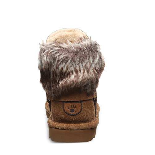 The BEARPAW Konnie Boots - Womens, in brown suede, feature a thick grey and white faux fur collar and a heel paw print logo—cozy, stylish footwear for women seeking comfort and flair.