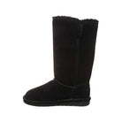 Shown in profile against a white background is the BEARPAW Lori Boots for women—a single black, mid-calf suede boot with a flat sole and soft sheepskin wool lining.