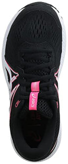 Top view of the ASICS GEL-Contend 7 - Womens in black with white and pink accents, featuring cushioning for comfort, the ASICS logo on the tongue and side, plus black laces.