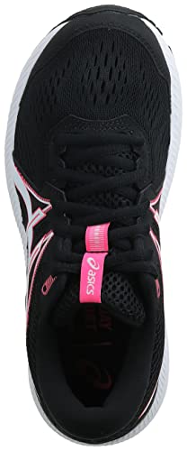 Top view of the ASICS GEL-Contend 7 - Womens in black with white and pink accents, featuring cushioning for comfort, the ASICS logo on the tongue and side, plus black laces.