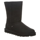 The BEARPAW Elle Short Vegan Boots for women are black micro suede winter boots featuring a mid-calf height, rounded toe, visible stitching, flat textured rubber sole, and NeverWet technology for extra protection.