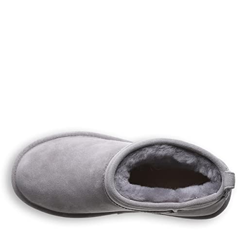 A top view of BEARPAW Shorty Boots for women in gray suede with plush lining, rounded toe, and low ankle design, shown against a white background.