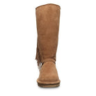 Front view of the BEARPAW Tamara Boots for women, featuring tan suede, a flat sole, and fringe detail on one side, shown against a white background.