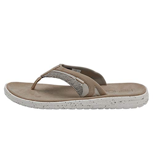 The Hey Dude Flinn Sandals - Mens feature a beige and light brown flip-flop design with a textured strap and white speckled sole, seen from the side on a plain white background—ideal for lightweight comfort.